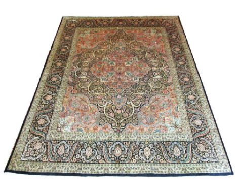 EXTREMELY FINE PART SILK MOHTASHAM DESIGN CARPET, 311cm x 234cm, pearl medallion on deep sapphire field of scrolling vines, r