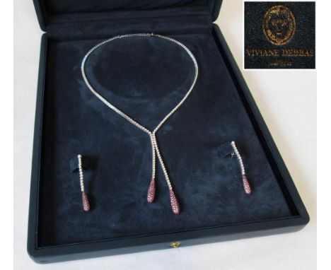 VIVIANE DEBBAS DIAMOND AND PINK SAPPHIRE DOUBLE DROP NECKLACE set in 18K white gold with matching drop earrings, marked 750 w