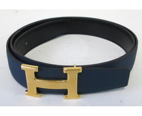 HERMES H BELT, teal logo leather wtih gilt metal 'H' fastening, date code for 2014, 32mm W. (as new)