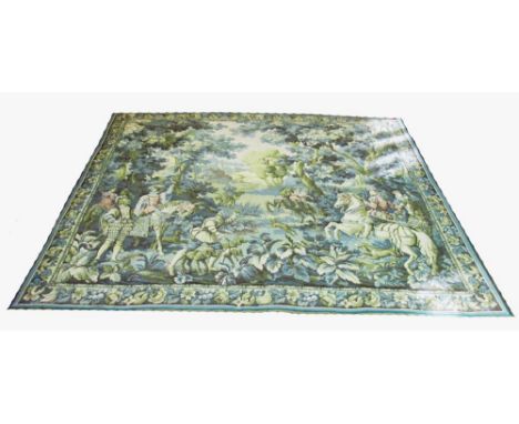 ANTIQUE VERDURE TAPESTRY, 223cm x 198cm, hunting scene in an idyllic landscape within a rose border.