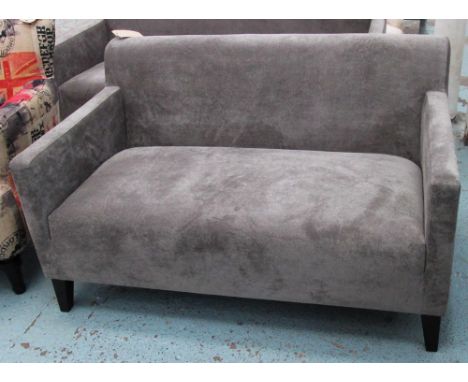 SOFA, two seater, square form, in grey upholstery on ebonised tapering legs, 130cm L x 85cm W x 76cm H. 