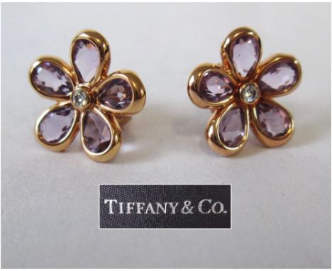 TIFFANY & CO. 'FLOWER GARDEN' EARRINGS, amethyst and diamiond cluster earrings set in 18K rose gold, marked T&Co., 750 on but