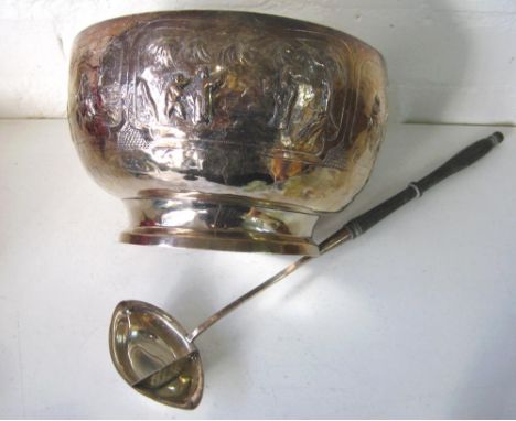 PUNCH BOWL, silver coloured metal, the sides embossed with allegorical Chinese figure scenes in cartouches, 22cm diam x 13.5c