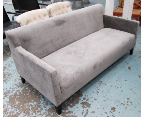 SOFA, three seater, in square form, in grey upholstery on ebonised tapering legs, 170cm L x 85cm W x 76cm H. 