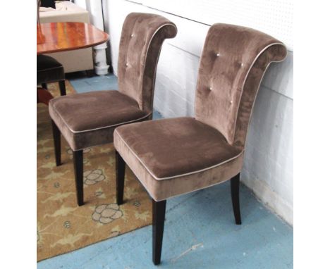 DINING CHAIRS, a set of six, in button back chenille with contrasting piping, each 52cm W x 97cm H x 50cm D. (6)