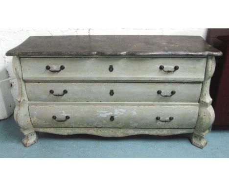 COMMODE, Continental style grey painted in a distressed finish with a marble top and three long drawers, 160cm x 50cm x 86cm 