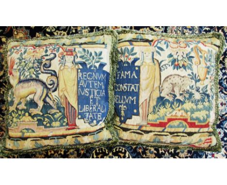 ANTIQUE TAPESTRY CUSHIONS, a pair, 57cm x 57cm, depicting figures, animals and floral decoration. (2)