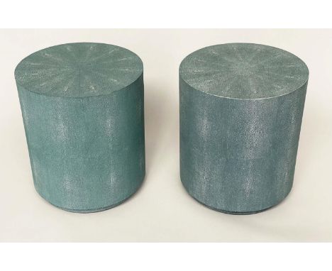 LAMP TABLE, a pair, cylindrical in faux shagreen, 40cm W x 46cm H. (2) 