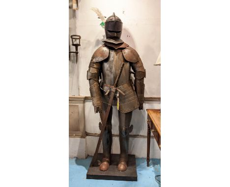 SUIT OF ARMOUR ON STAND WITH SWORD, 190cm H. 