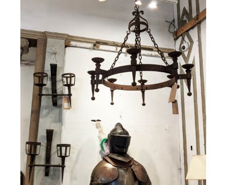 CANDLESTICK LAMPS, a pair, Medieval style wrought iron, a pair of wall twin arm castle touch lights and a hanging wrought iro