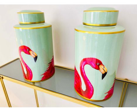 GINGER JARS, pair, 40cm high x 20cm diam, each glazed ceramic, flamingo print design. (2) 