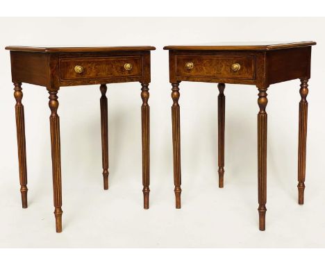 LAMP TABLES, a pair, George III design burr walnut and crossbanded each with drawer and reeded supports, 52cm x 45cm x 76cm H