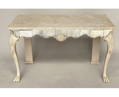 ITALIAN CONSOLE TABLE, cream lacquered and antique mirror panelled with shell centered frieze and cabriole supports, 121cm x 