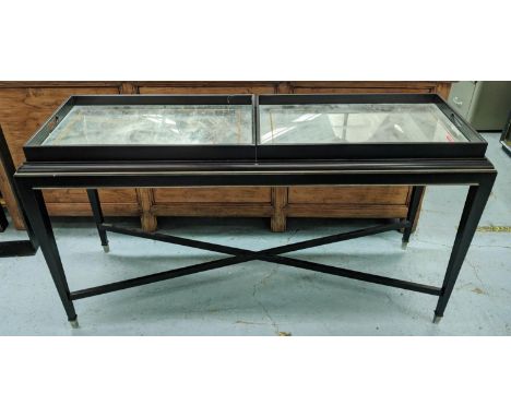 CONSOLE TABLE, 51cm D x 85cm H x 152cm W, the top with a pair of eglomise trays. 