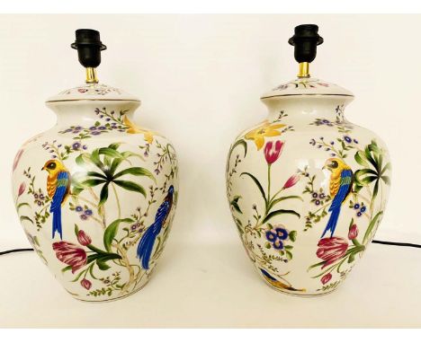 TABLE LAMPS, a pair, 46cm H, glazed ceramic, floral design with birds. (2) 