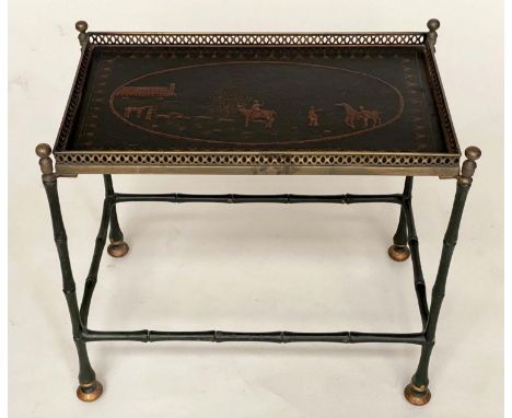 LAMP TABLE, Regency style lacquered and brass galleried with Chinese style painted panelled tray top, 60cm x 36cm D x 54cm H.