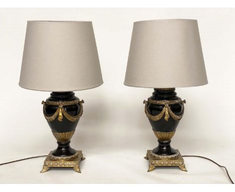 TABLE LAMPS, a pair, black ceramic and gilt metal mounted of vase form with shades, 75cm H. (2) 