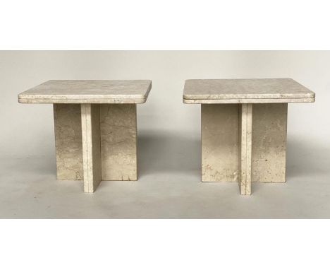 LAMP TABLES, a pair, Italian travertine marble each square on crossed bases, 50cm x 50cm x 40cm H. (2) 
