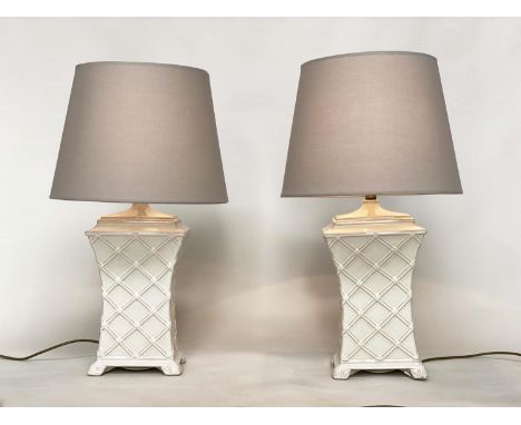 TABLE LAMPS, a pair, white ceramic bamboo style basket work with curved sides and shades, 70cm H. (2) 