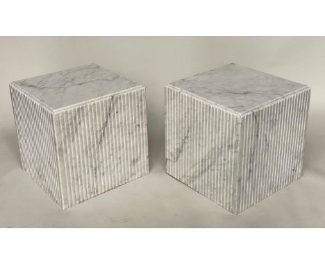 LAMP TABLES, a pair, Italian veined Carrara marble with fluted sides, 51cm x 51cm x 51cm. (2) 