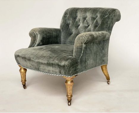ARMCHAIR, Victorian giltwood with velvet, possibly original, upholstery with button back, scroll arms and fluted supports, 72