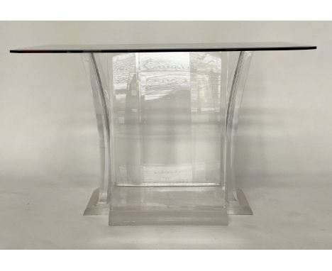 CONSOLE TABLE, 1970s rectangular bevelled glass on inswept lucite heavy support, 122cm W x 61cm D x 74cm H (ex Sir Frank Will