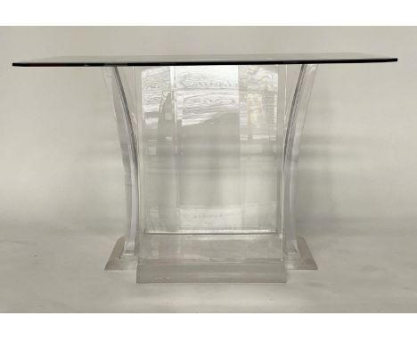 CONSOLE TABLE, 1970s rectangular bevelled glass on inswept lucite heavy support, 122cm W x 61cm D x 74cm H (ex Sir Frank Will