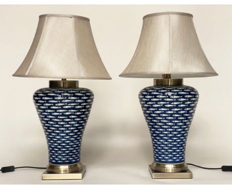 TABLE LAMPS, a pair, ceramic blue and white myriad fish pattern of tapering form with shades, 75cm. (2) 