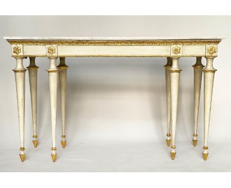 CONSOLE TABLE, early 19th century Italian cream painted and parcel gilt, veined white marble top with eight tapering supports