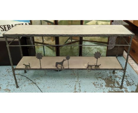 GIACOMETTI STYLE CONSOLE TABLE, bronzed metal, two stone tiers, 168cm x 45cm x 91cm. 