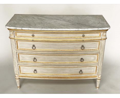 BOWFRONT COMMODE, French Louis XVI style grey painted and parcel gilt with four long drawers, marble top and brushing slide, 