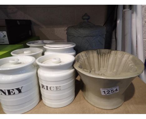 Six ceramic ingredient jars a Victorian ceramic jelly mould and a Victorian cheese dome. Not available for in-house P&amp;P, 