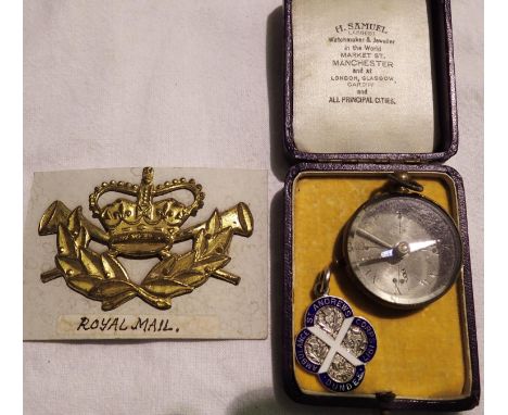 Hallmarked silver St Andrews ambulance fob, small brass compass and a Royal Mail badge. P&amp;P Group 1 (£14+VAT for the firs
