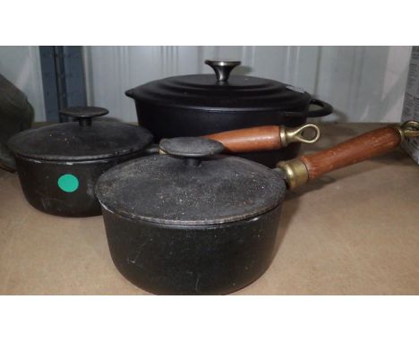 Two cast iron cooking pans and a Villeroy and Boch casserole dish. Not available for in-house P&amp;P, contact Paul O'Hea at 