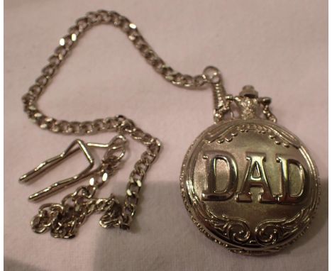 White metal pocket watch and chain, requires battery. P&amp;P Group 1 (£14+VAT for the first lot and £1+VAT for subsequent lo