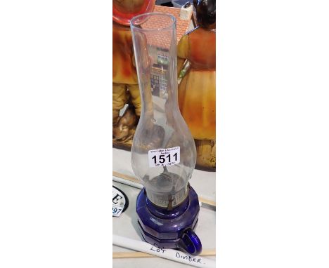 Bristol blue glass reservoir antique oil lamp. Not available for in-house P&amp;P, contact Paul O'Hea at Mailboxes on 01925 6