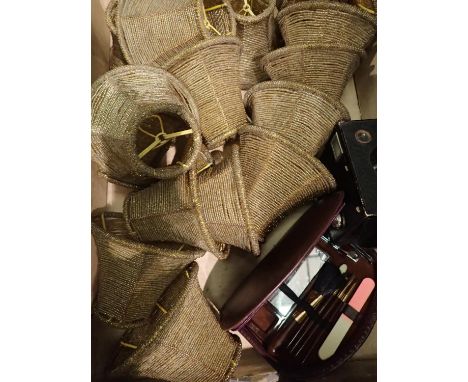 Seventeen small gold bead light shades, box brownie camera, pantograph and vanity set in case. P&amp;P Group 2 (£18+VAT for t