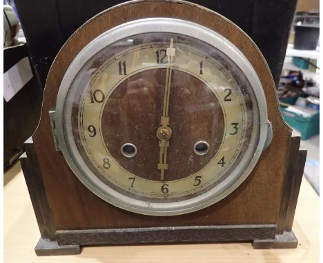 Oak cased chiming mantle clock, H: 20 cm. Not available for in-house P&amp;P, contact Paul O'Hea at Mailboxes on 01925 659133