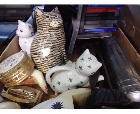 Box of mixed household items including ceramic cats etc. Not available for in-house P&amp;P, contact Paul O'Hea at Mailboxes 
