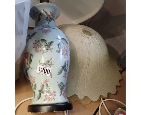 Two glass shades D: 43 cm with oriental style table lamp. Not available for in-house P&amp;P, contact Paul O'Hea at Mailboxes