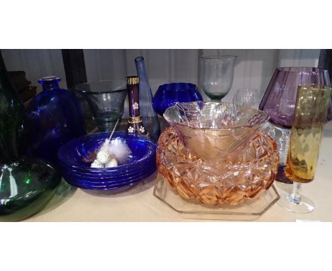 Shelf of mixed coloured glass. Not available for in-house P&amp;P, contact Paul O'Hea at Mailboxes on 01925 659133 