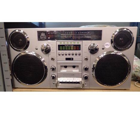 Silver 1980s-Style Boombox - CD, cassette, DAB+ &amp; FM radio, USB, Bluetooth receiver; 30 x 19 x 60 cm; working at time of 