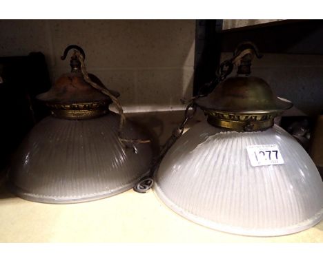 Pair of heavy fluted glass opaque ceiling light shades, D: 25 cm. Cracks to both shades. Not available for in-house P&amp;P, 