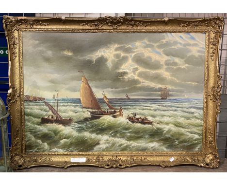 SEASCAPE OIL ON CANVAS OF A FISHING SCENE A/F 59CMS (H) X 89CMS (W) INNER FRAME