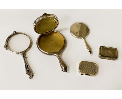 2 SNUFF BOXES IN STERLING SILVER WITH SMALL STERLING SILVER MIRROR BY HENRY WILLIAMSON 1919 &amp; LORGNETTE GLASSES