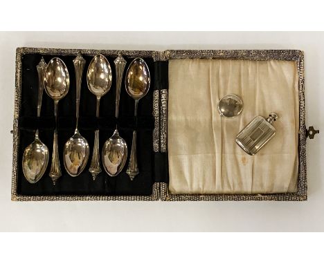 STERLING SILVER CASED SET OF TEASPOONS WITH A STERLING SILVER PILL BOX &amp; FLASK 4OZS APPROX