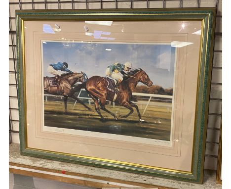  FRAMED &amp; SIGNED PRINT BY LESTER PIGGOTT OF RACING SCENE 49CMS (H) X 70CMS (W) PRINT ONLY 