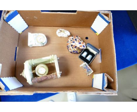 A collection of pottery and items including Royal Crown Derby paperweights of frog & rabbit with silver stoppers, small clock