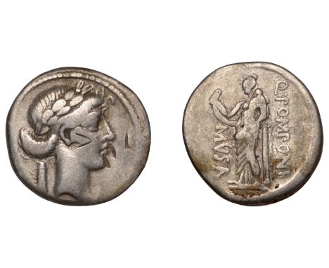 Roman Republican Coinage, Quintus Pomponius Musa, Denarius, Rome, 66 BC, laureate head of Apollo, hair tied with band, volume
