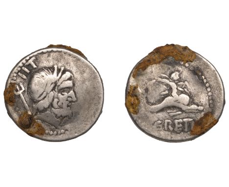 Roman Republican Coinage, Lucius Lucretius Trio, Contemporary plated copy of a Denarius, 76 BC, laureate head of Neptune righ